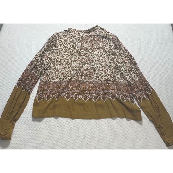 Free People Women's Brown Large Blouse Long Sleeve Boho Floral Print Top - Picture 3 of 3